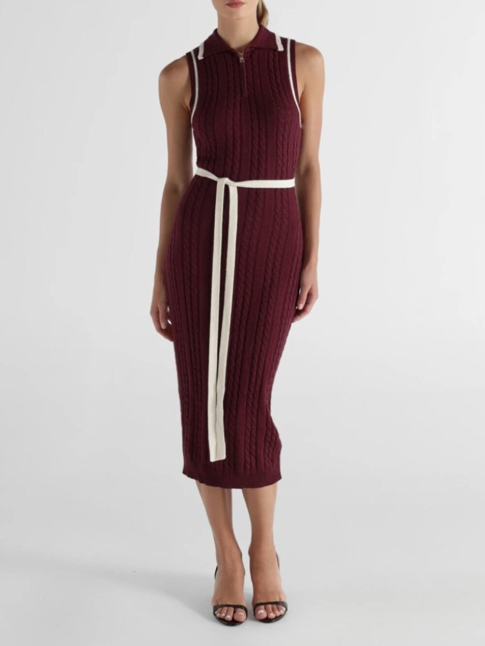 Burgundy Cable Knit Sweater Dress with Contrast Collar & Belt